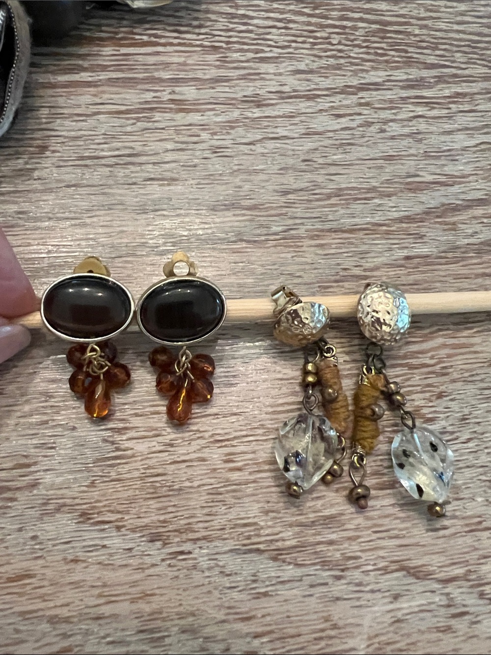 Tiger eye Brown & Amber  & gold, leather, & spotted glass Dangle Clip Earrings